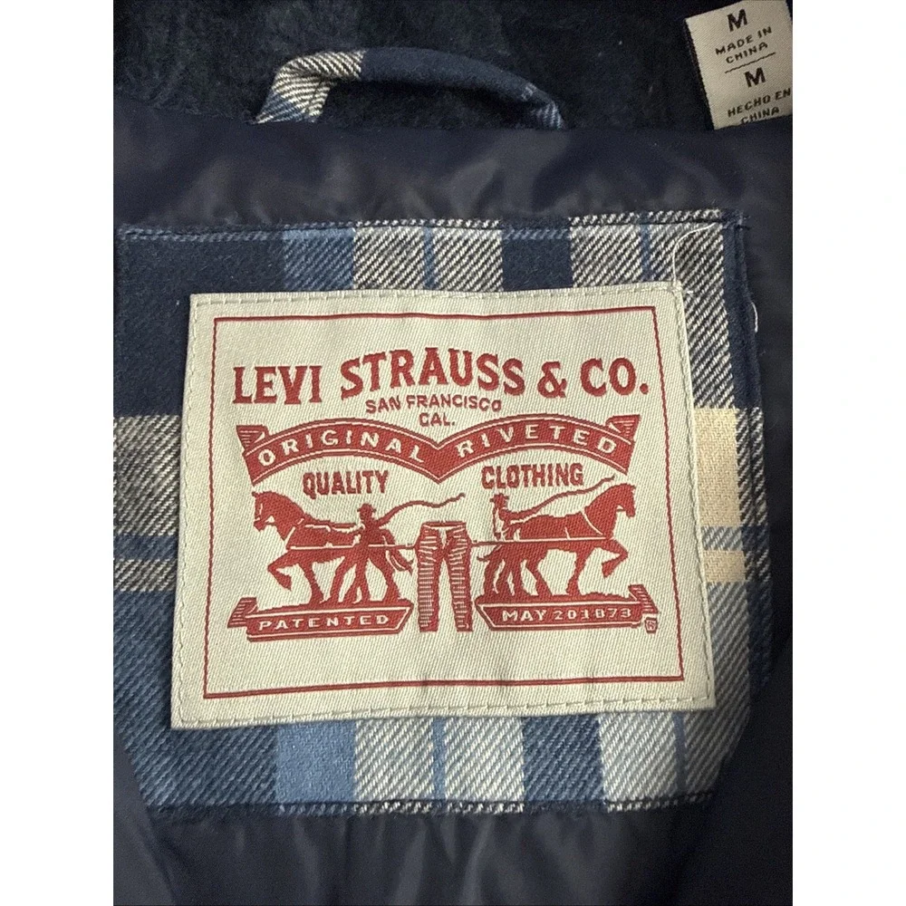 Levi's Men's‎ Quilted Plaid Puffer Hooded Shacket Blue Plaid Medium